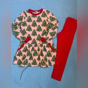 Mini Boden Christmas Holiday Tree Pink Sweatshirt Dress & Leggings Size 8/9/10